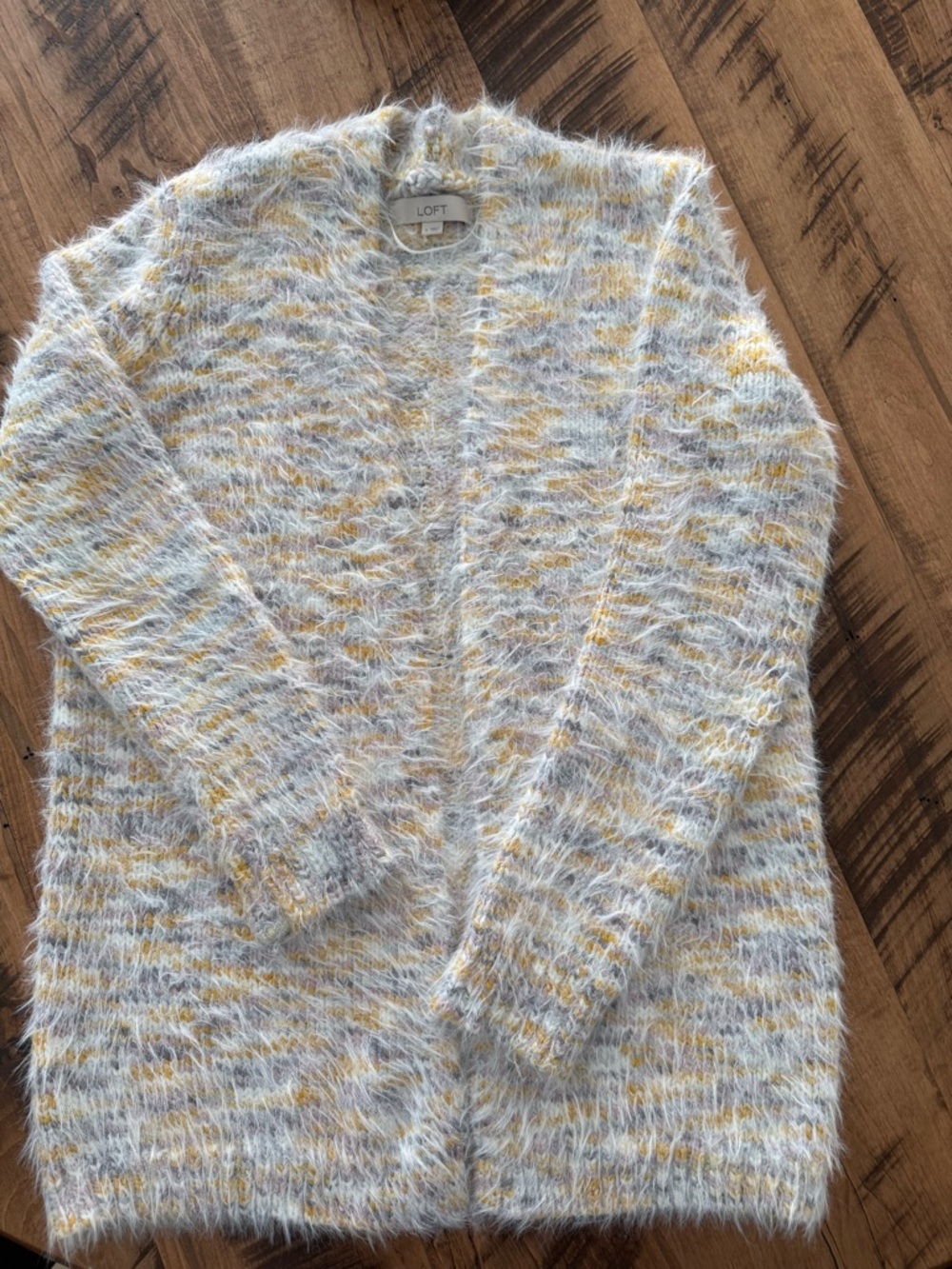 LOFT Fuzzy Open-Front Cardigan in Gray and Yellow